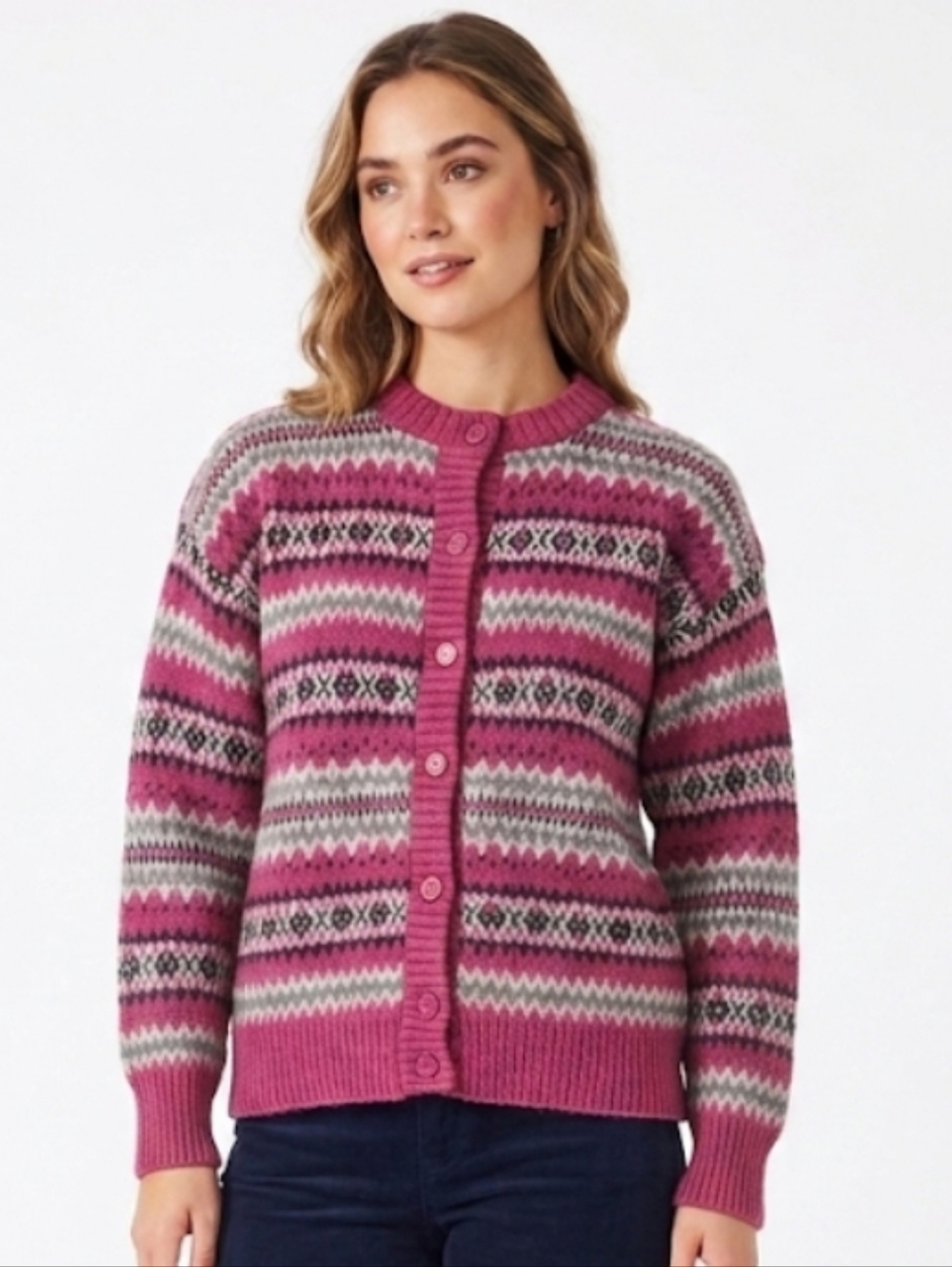 Vintage 100% Wool Fair Isle Striped Cardigan Knit Sweater Large Pink
